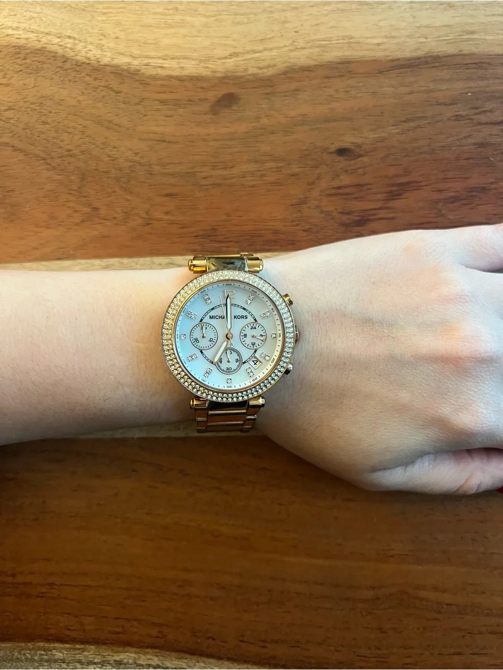 Michael Kors Rose Gold and White Crystal Bezel Women's Watch (needs new battery)